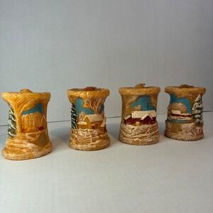 Currier & Ives Hand Painted Candle Set of 4 Vintage 70s Winter Village Scene MCM